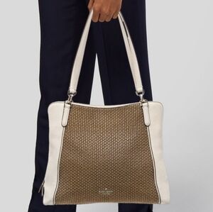 Kate Spade Woven Straw Leather Shoulder Tote Cream Brown
